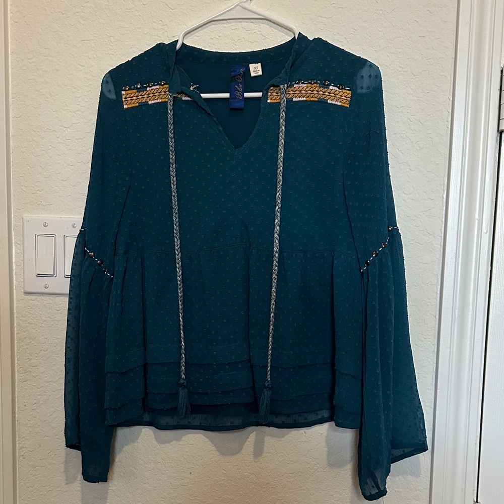 Blue Rain Teal Blouse with Gold Accents